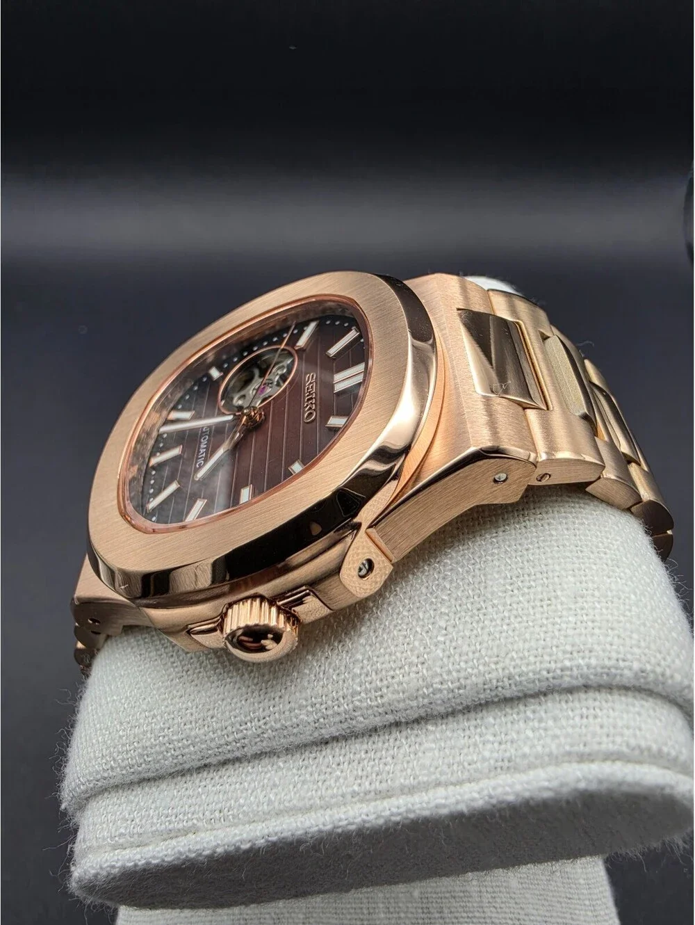 Custom Seiko Nautilus Rose Gold Open Heart Watch Mod